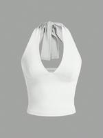 Women's Solid Tie Backless Halter Top, Casual Minimalist Sleeveless Deep V Neck Crop Tank Top for Summer, Ladies Clothes for ...