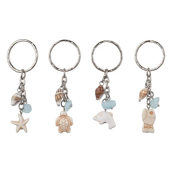 Synthetic Turquoise & Shell Pendant Keychain