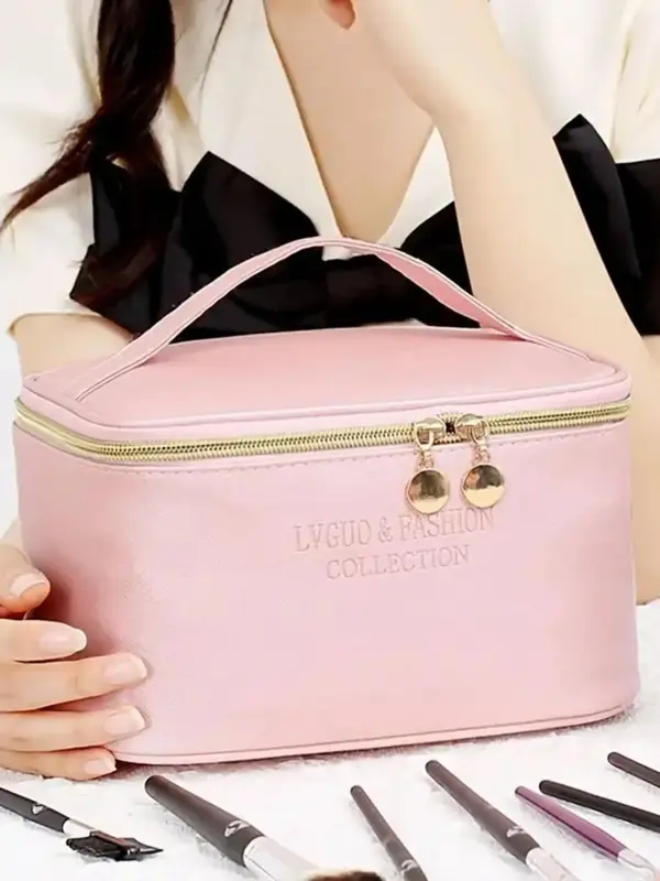 1 Piece Solid Color Letter Pattern Makeup Bag with Zipper, Portable Large Capacity Cosmetic Storage Bag, Travel Toiletry Bag