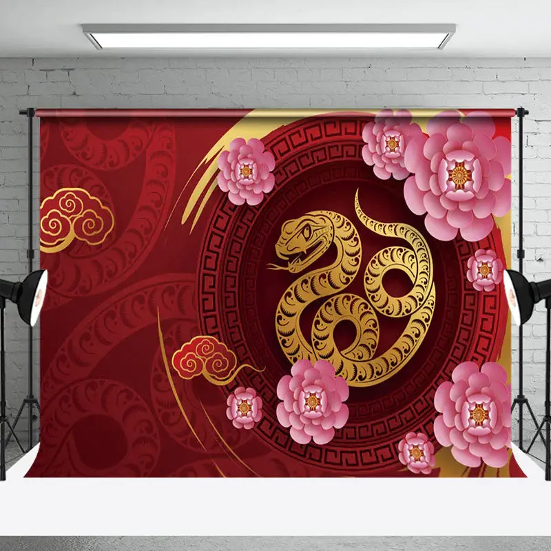 Aperturee Gold Snake Auspicious Clouds Floral New Year Backdrop - Aperturee