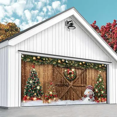Aperturee Festive Snow Wood Barn Door Xmas Garage Door Banner