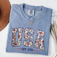 Comfort Colors Floral USA TShirt, Retro America Tee, 4th of July Coquette TShirt, Patriotic Girly T-Shirt, Independence Day O...