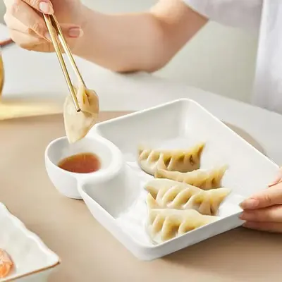 Square Dumpling Plate with Sauce Dish, 1 Count Dumpling Plate with Sauce Holder, Home and Canteen Use Dumpling Serving Plate,...