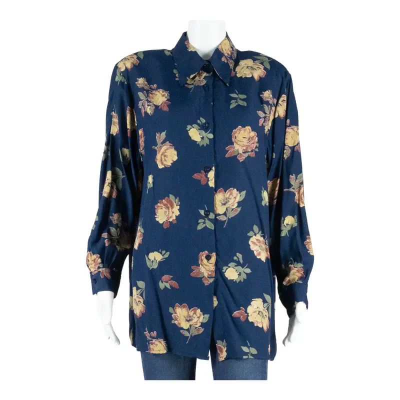 Womens Printed Shirt Blue Long Sleeve Floral L