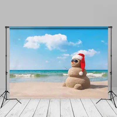 Blue Sky Beach Sandy Snowman Xmas In July Backdrop - Aperturee