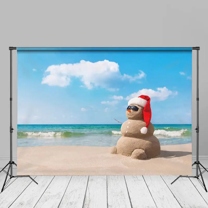 Blue Sky Beach Sandy Snowman Xmas In July Backdrop - Aperturee
