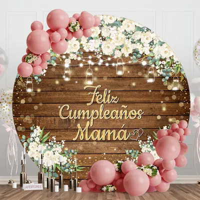 Brown Wood Floral Leaves Round Birthday Backdrop - Aperturee