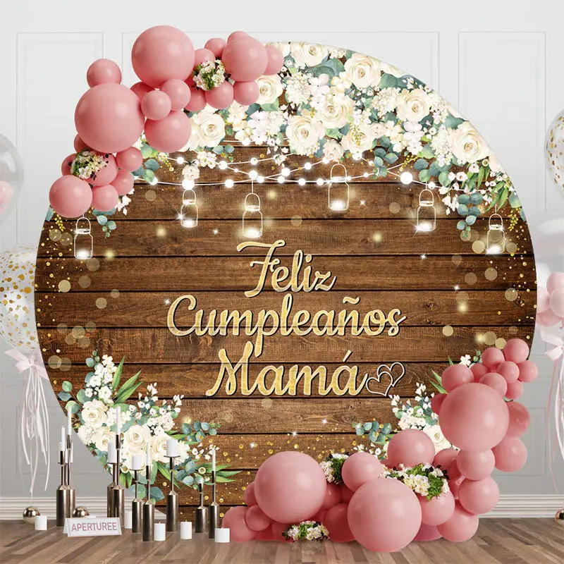 Brown Wood Floral Leaves Round Birthday Backdrop - Aperturee