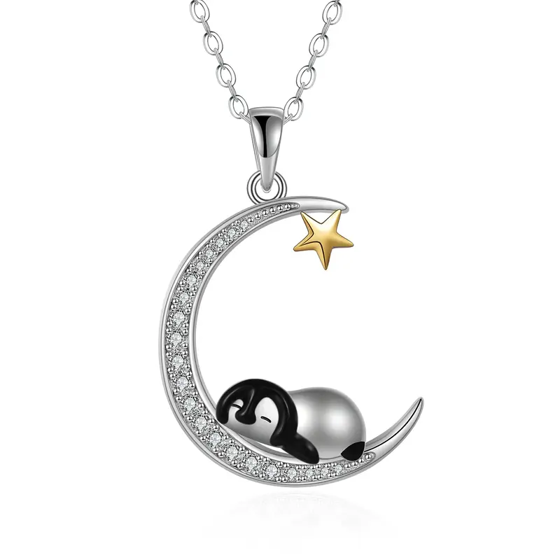 Sterling Silver Two-tone Cubic Zirconia Penguin & Moon Pendant Necklace