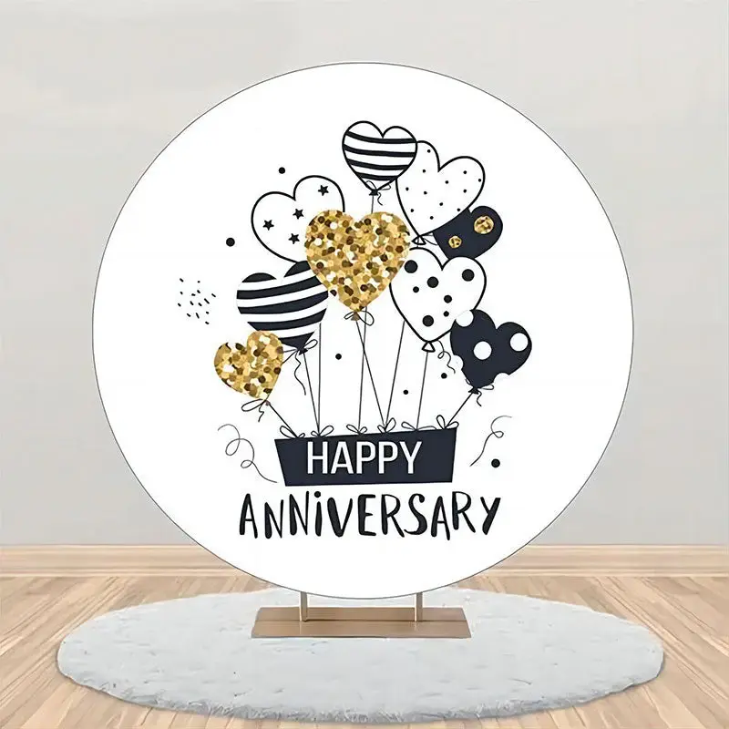 Heart Balloon Stripe Star Round Anniversary Backdrop - Aperturee