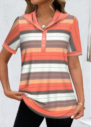 Modlily Orange Button Striped Short Sleeve Hooded T Shirt - M