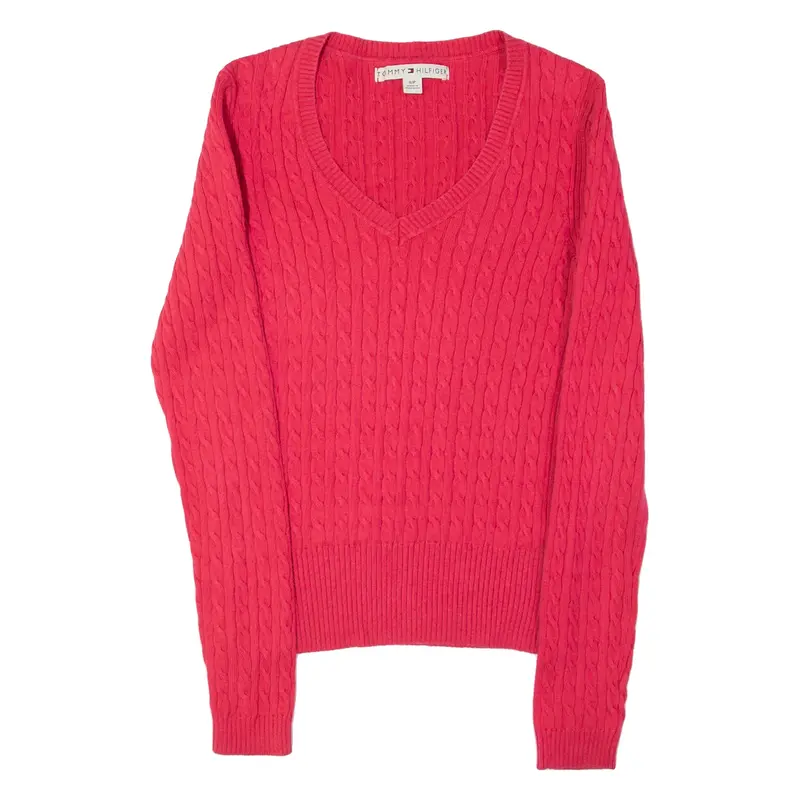 TOMMY HILFIGER Jumper Pink Cable Knit V-Neck Mens S