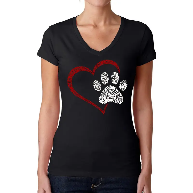 Paw Heart - Women's Word Art V-Neck T-Shirt - XXX-Large - Black
