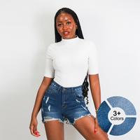 RWINE Tummy Control Adjustable Button Distressed Shorts Womenswear