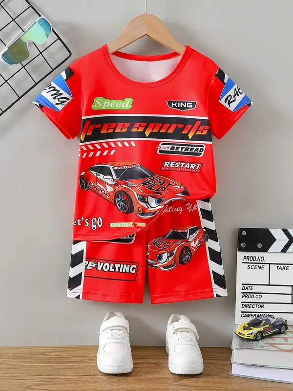 Two-piece Set Boy's Car Print Tee & Elastic Waist Shorts Set, Casual Short Sleeve T-shirt & Shorts for Daily Wear, Kids Sprin...