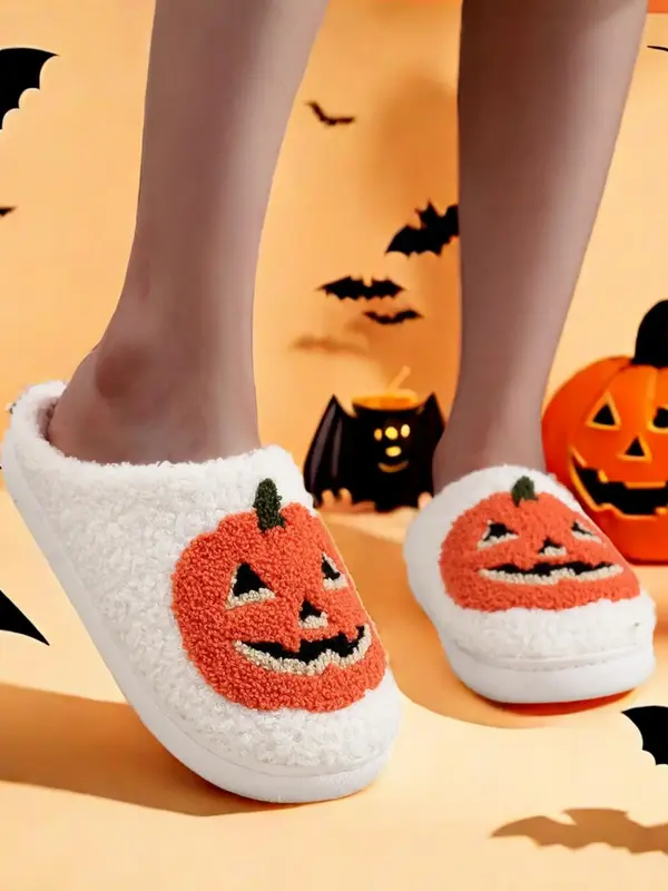 Women's Cartoon Pumpkin Pattern White Slippers, Casual Soft Comfortable Home Slippers, Warm Lightweight Slipper for Indoor & ...