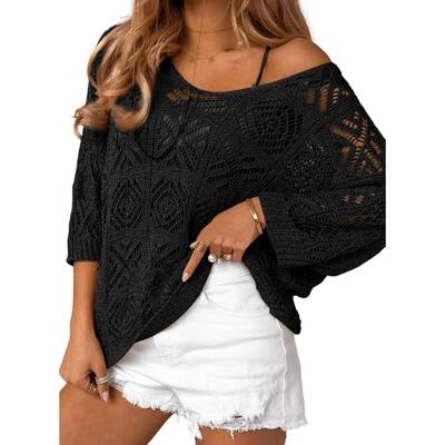 Dokotoo Women's 2025 Spring Summer Crochet Hollow Out 3/4 Sleeve Pullover Sweater Off Shoulder T-Shirts