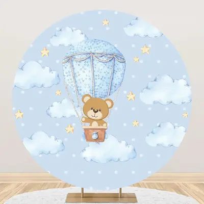 Blue Cloud Bear Stars Dot Round Baby Shower Backdrop - Aperturee
