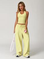 Women's Solid Halter Neck Top & Wide Leg Pants Sports Set, Casual Sleeveless Top & Pants for Daily Outdoor Wear, Ladies Sport...