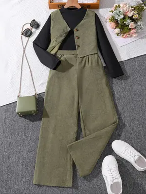 Girl's Solid Button Front Vest Blazer & Mock Neck Top & Wide Leg Pants Set, Elegant Fashion Casual Three-piece Outfits for Da...