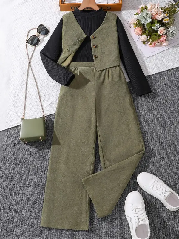 Girl's Solid Button Front Vest Blazer & Mock Neck Top & Wide Leg Pants Set, Elegant Fashion Casual Three-piece Outfits for Da...