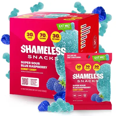 Super Sour Blue Raspberry - Keto & Vegan Gummies (6 Bags), 3g Net Carbs, 3g Sugar, Gluten-Free, 70 calories per bag, healthy ...