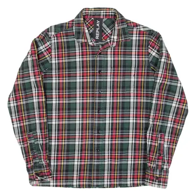 REPLAY Mens Denim Shirt Green Check Long Sleeve M
