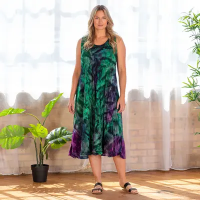 Fair Trade Long Flowy Sleeveless Dress - Peacock Love - One Size Fits Most