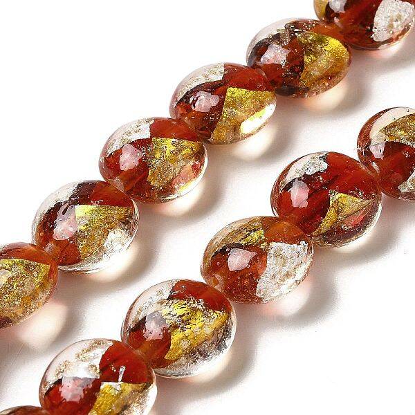 Handmade Gold Foil and Silver Foil Lampwork Flat Round Beads