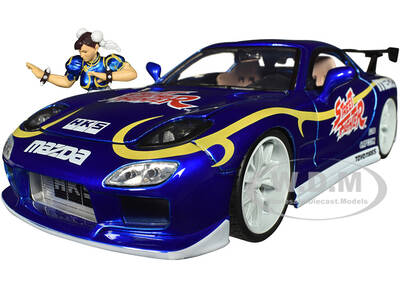 1993 Mazda RX-7 Candy Blue Metallic with Graphics and Chun-Li Diecast Figure Street Fighter Video Game Anime Hollywood Rid...