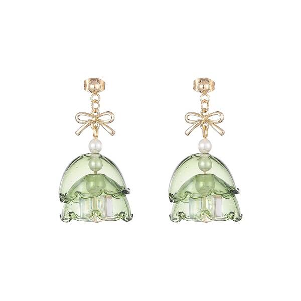 Christmas Tree Glass Dangle Stud Earrings with Shell Pearl Beaded