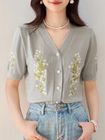 Women's Floral & Leaf Embroidery V Neck Knit Top, Elegant Casual Comfy Short Sleeve Faux Pearl Button Knitwear for Summer, Fa...