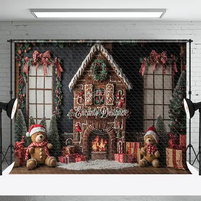Gingerbread House Bear Bow Christmas Photo Backdrop - Aperturee