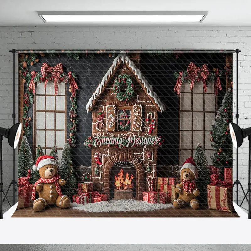 Gingerbread House Bear Bow Christmas Photo Backdrop - Aperturee