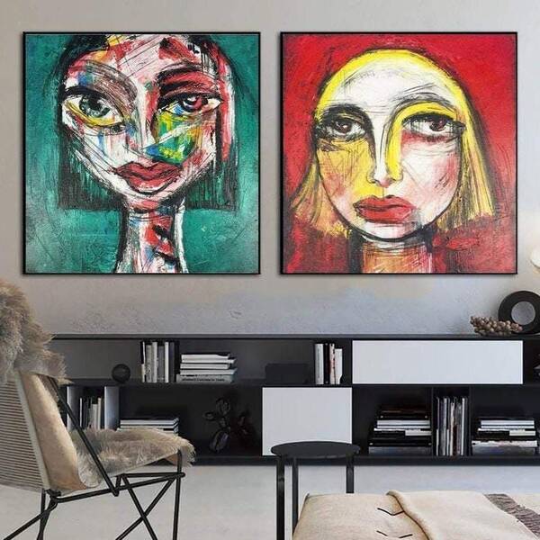 Abstract Face Paintings Large Set of 2 Artworks Cubism Wall Art Figurative Art Abstract Female Face Painting Pop Art Painting...