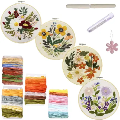 Fun DIY Floral Pattern Embroidery Kit, 1 Set DIY Embroidery Stater Kit, Cross Stitch Kit, Needlework Kit, DIY Kits for Teens