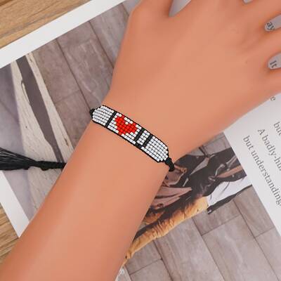 Glass Seed Wide Band with Word I Love U Heart Friendship Link Bracelet for Women