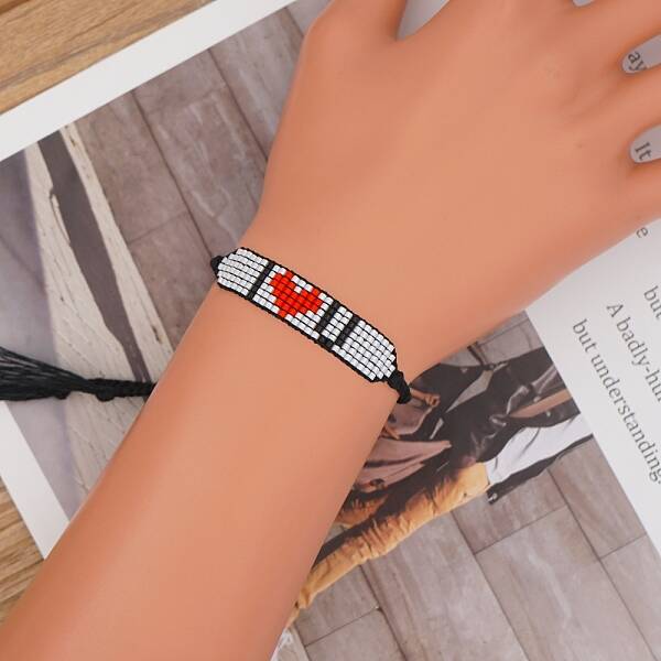 Glass Seed Wide Band with Word I Love U Heart Friendship Link Bracelet for Women