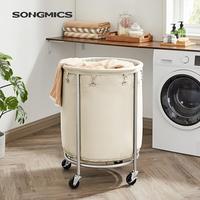 SONGMICS HOME Laundry Basket with Wheels, Rolling Laundry Hamper, Round Laundry Cart with Steel Frame and Removable Bag ,Orga...
