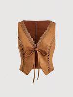 Women's Solid Color Lace Trim Tie Front Suede Tank Top, Fashionable Vneck Sleeveless Top for Lady Spring & Fall, Women's Clot...