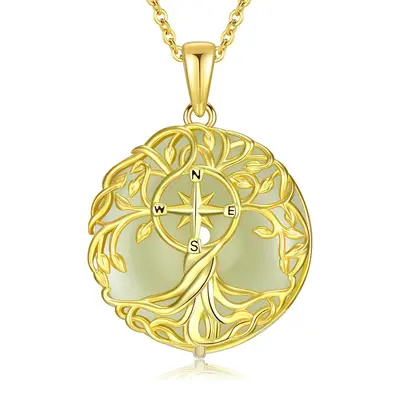 Gold Vermeil Jade Tree Of Life & Compass Pendant Necklace