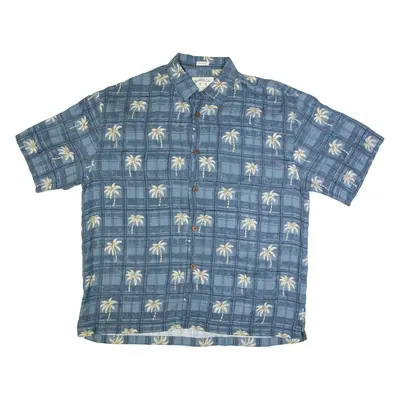 BAMBOO CAY Palm Tree Print Mens Hawaiian Shirt Blue Silk Floral XL