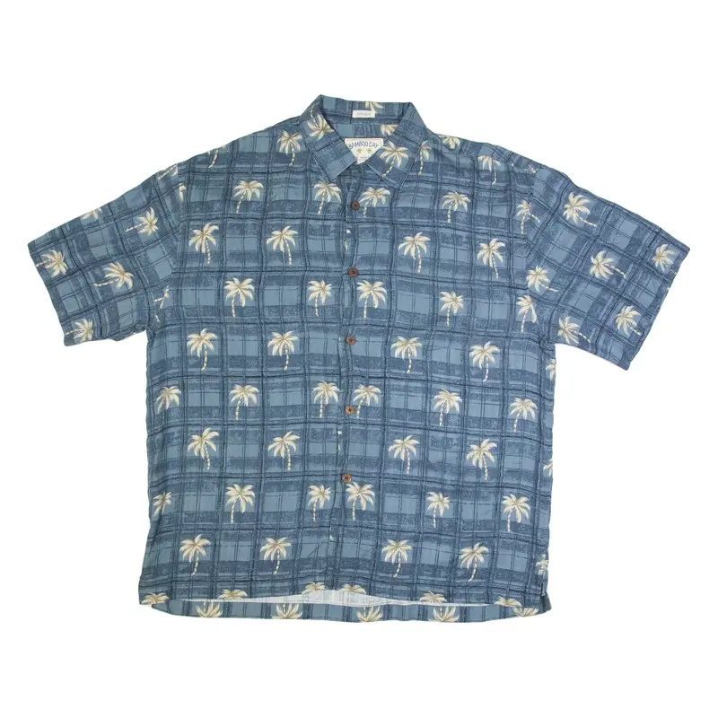 BAMBOO CAY Palm Tree Print Mens Hawaiian Shirt Blue Silk Floral XL