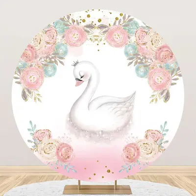 White Pink Blue Floral Swan Round Birthday Backdrop - Aperturee