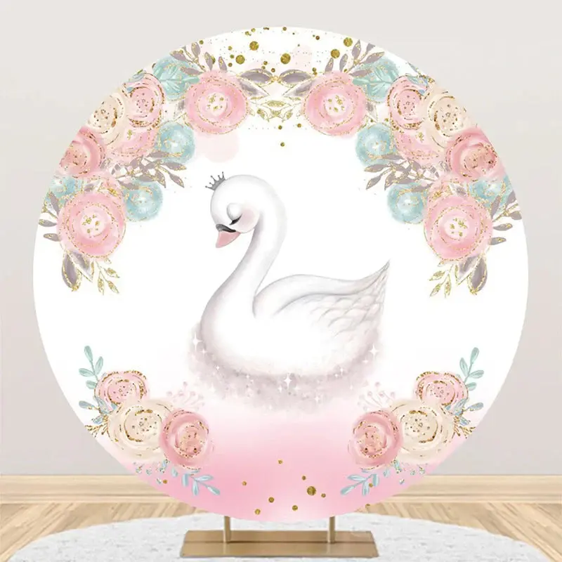White Pink Blue Floral Swan Round Birthday Backdrop - Aperturee