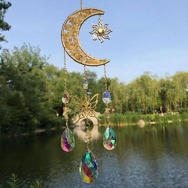 Natural Yellow Quartz Chip & Metal Moon Hanging Suncatchers
