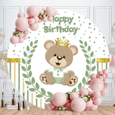 Aperturee Green Leaves And Bear Round Birthday Backdrop