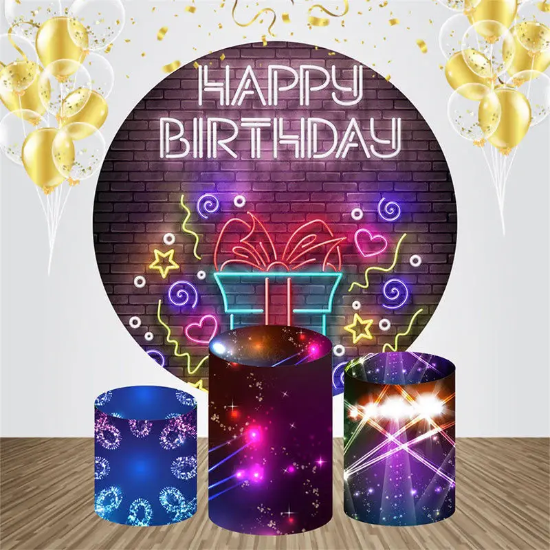 Neon Brick Wall Round Happy Birthday Backdrop Kit - Aperturee
