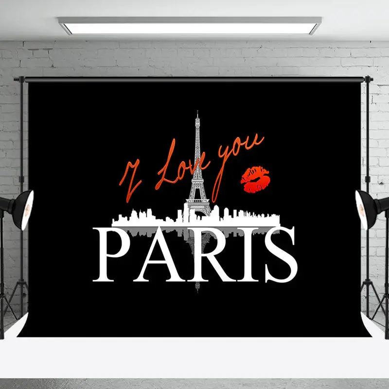 Black White Eiffel Tower I Love You Paris Backdrop