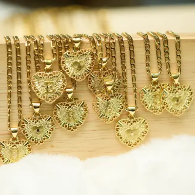 Heart Initial Letter Pendant Necklace for Men and Women, Heart Capital Monogram Necklace, Alhpabets from A-Z Figaro Chain Nec...